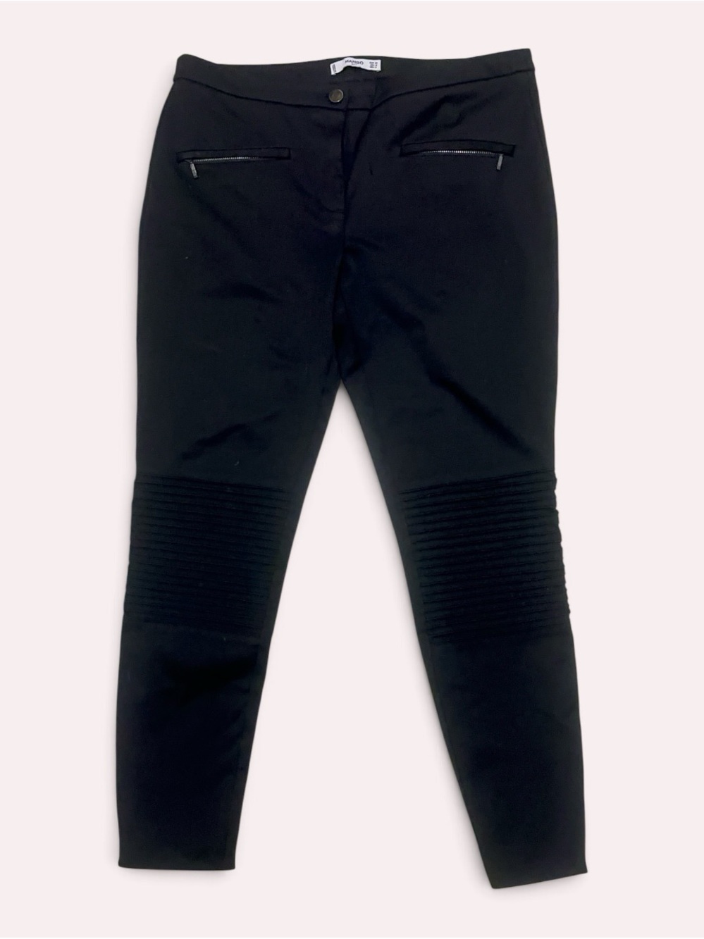 Mango Suit Black Moto Biker Pants Ribbed Knee Zip Pockets Size 10